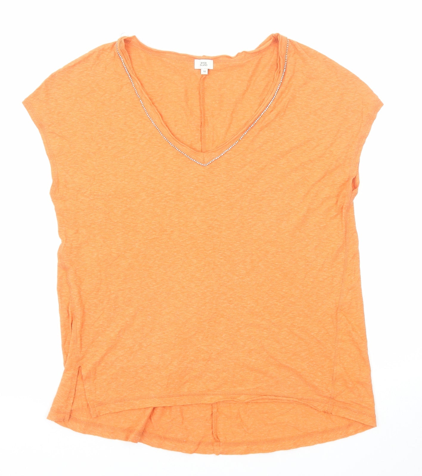 River Island Womens Orange Cotton Basic T-Shirt Size 10 V-Neck - Embellished Neckline