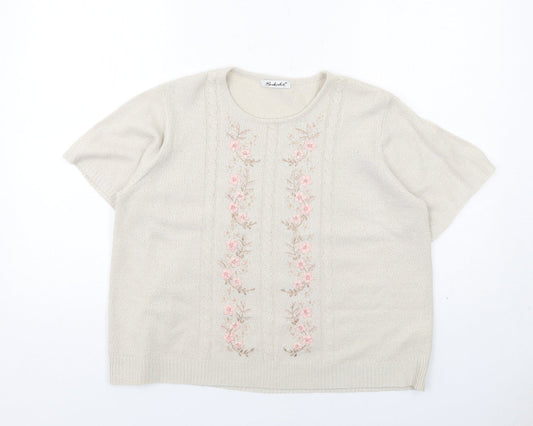 Berkertex Womens Beige Crew Neck Floral Acrylic Pullover Jumper Size 14 Pullover