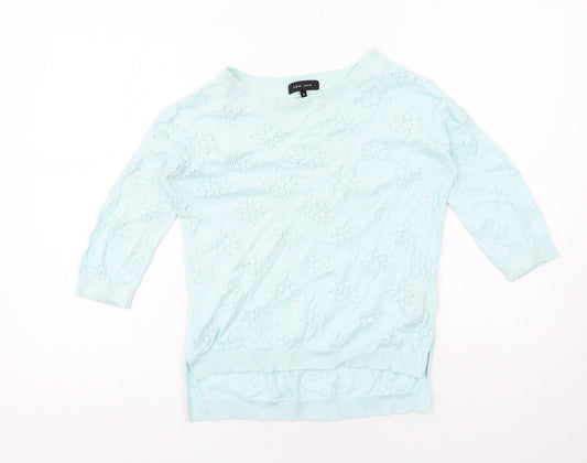 New Look Womens Blue Round Neck Floral Cotton Pullover Jumper Size 8