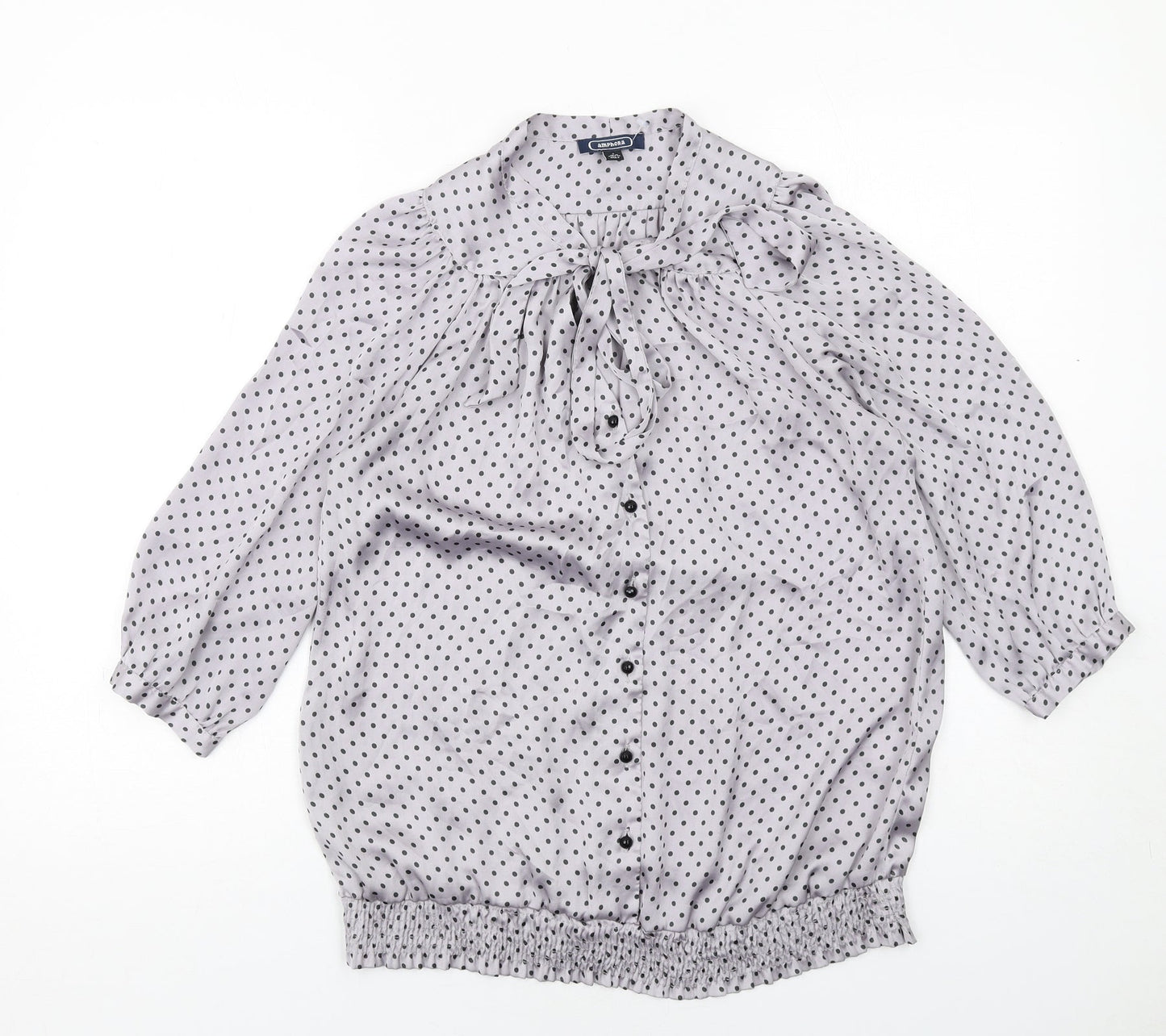 Amphora Womens Grey Polka Dot Polyester Basic Button-Up Size 10 Round Neck - Tie Neck Detail