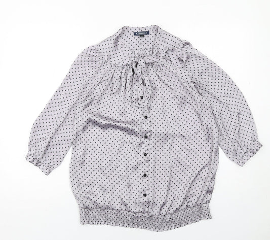 Amphora Womens Grey Polka Dot Polyester Basic Button-Up Size 10 Round Neck - Tie Neck Detail