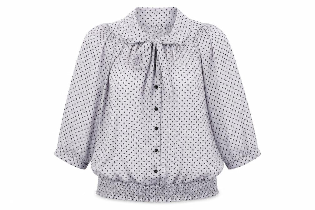 Amphora Womens Grey Polka Dot Polyester Basic Button-Up Size 10 Round Neck - Tie Neck Detail