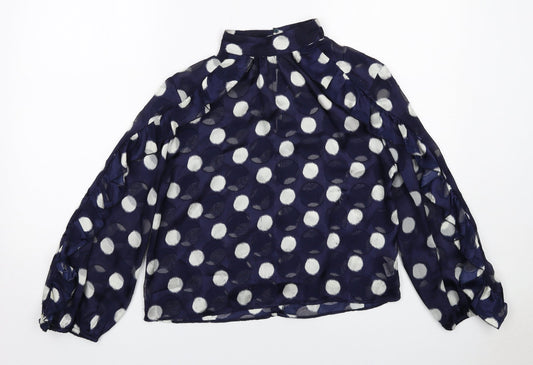 Zara Womens Blue Polka Dot Polyester Basic Blouse Size S Mock Neck