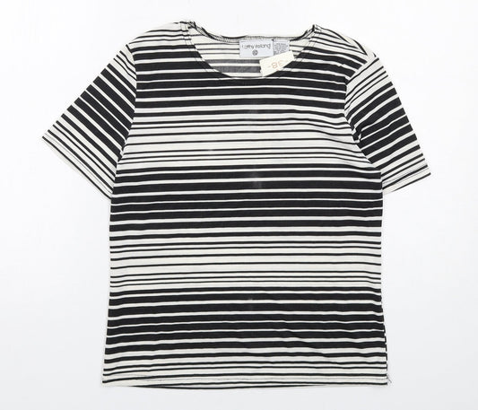 Kathy Ireland Womens Black Striped Polyester Basic T-Shirt Size 10 Boat Neck