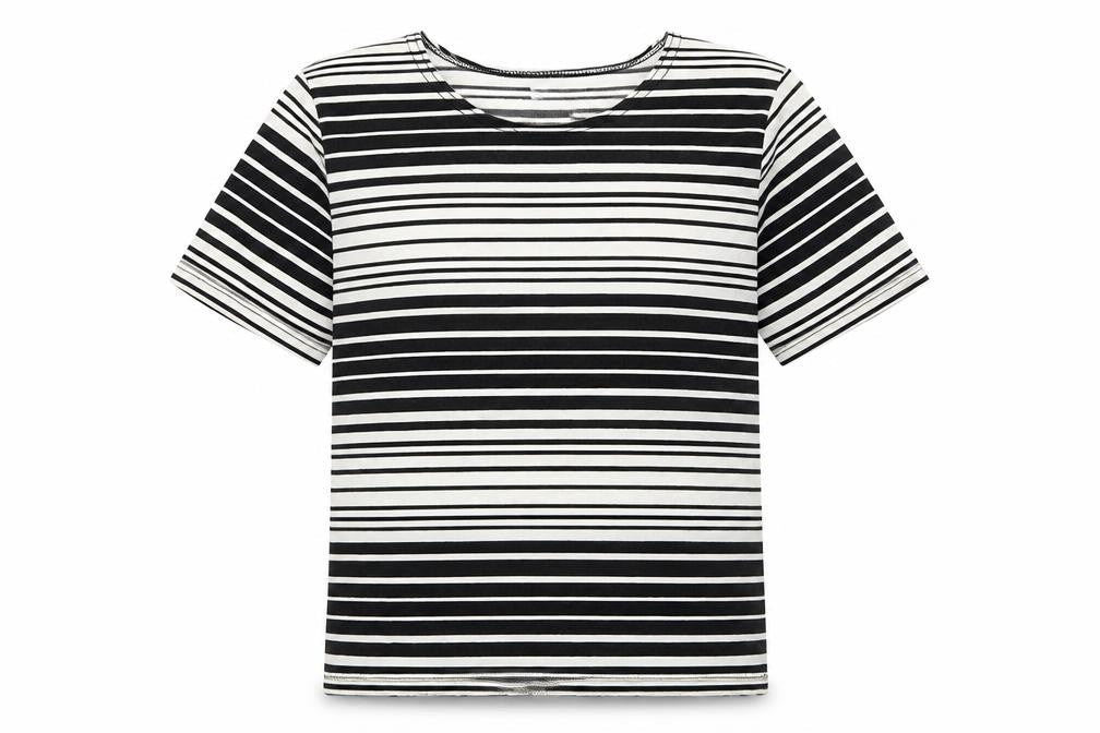 Kathy Ireland Womens Black Striped Polyester Basic T-Shirt Size 10 Boat Neck
