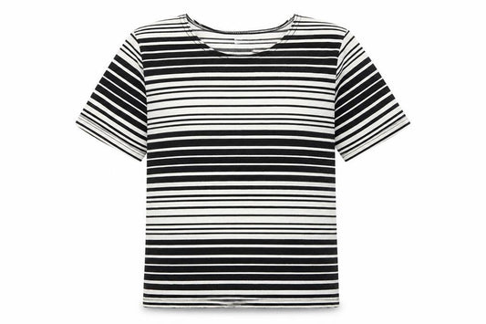 Kathy Ireland Womens Black Striped Polyester Basic T-Shirt Size 10 Boat Neck