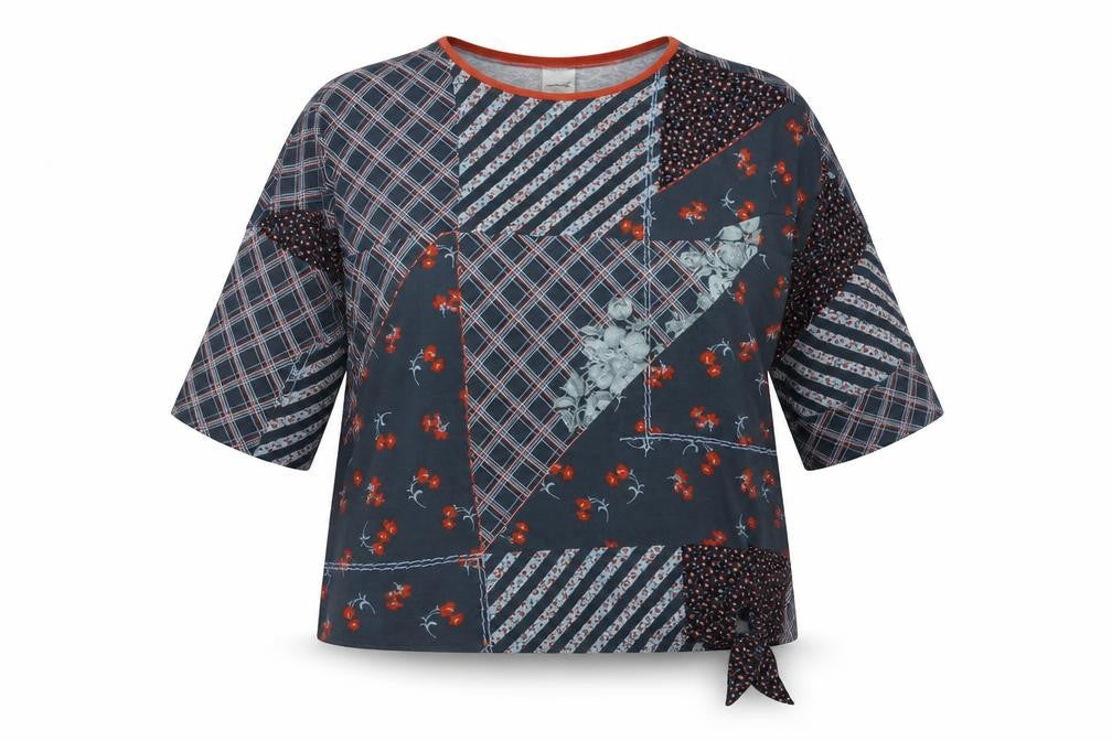 Taifun Womens Grey Geometric Polyester Basic Blouse Size M Boat Neck - Tie Side Detail