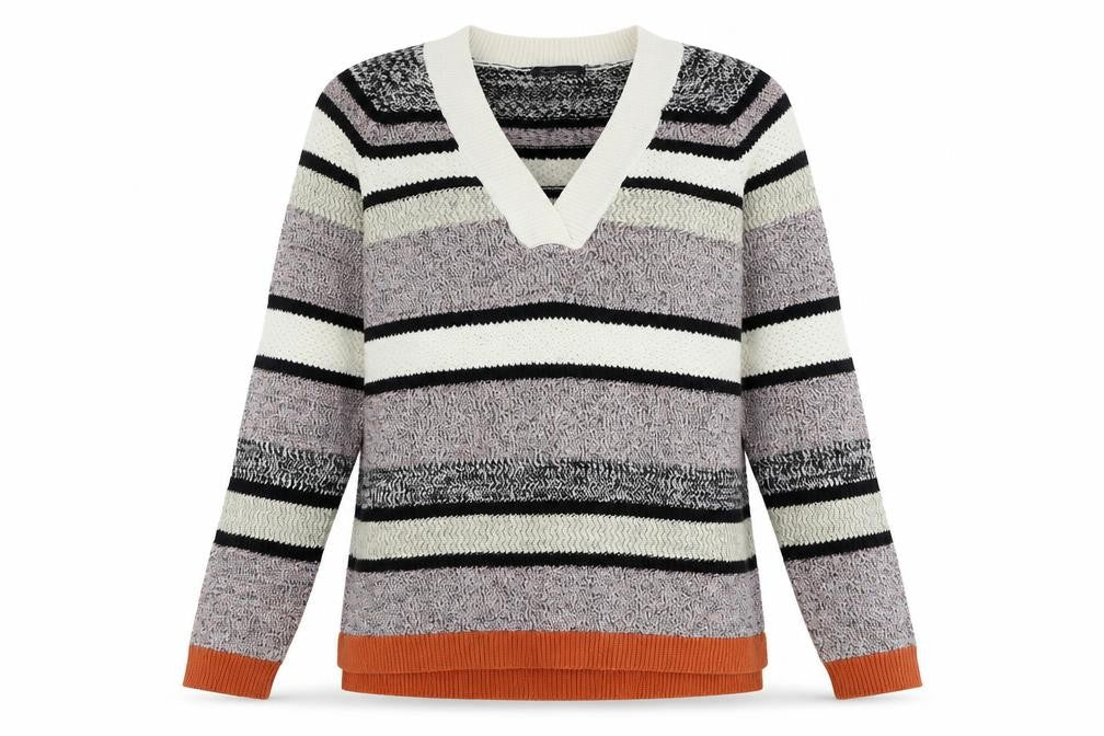 Marks & Spencer Womens Multicoloured V-Neck Striped Cotton Pullover Jumper Size 14