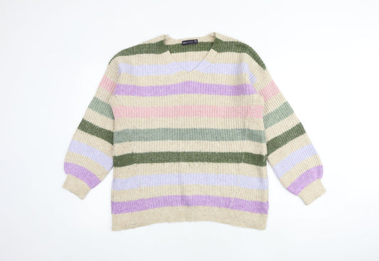 Marks and Spencer Womens Multicoloured V-Neck Striped Acrylic Pullover Jumper Size S