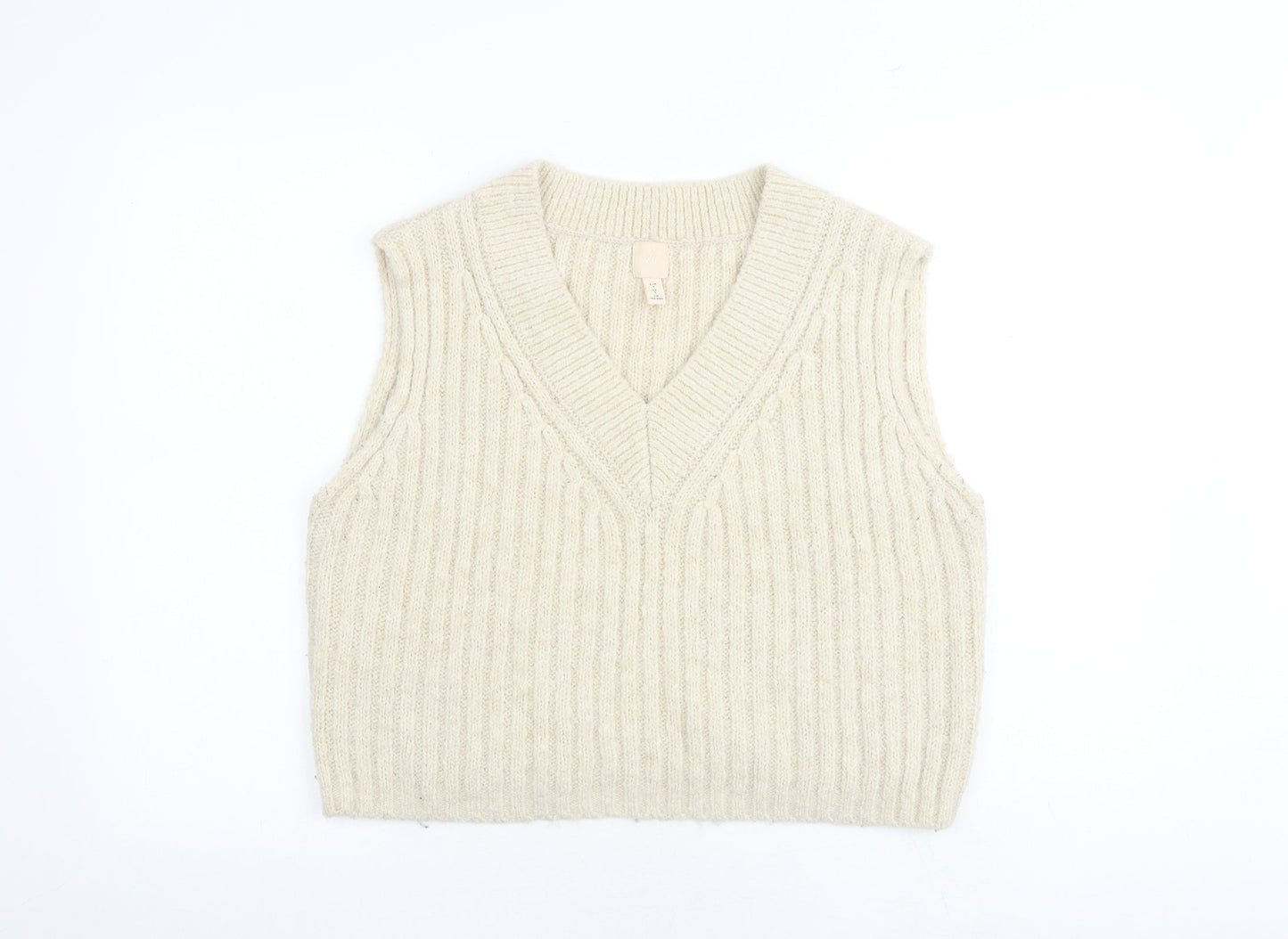 H&M Womens Beige V-Neck Acrylic Vest Jumper Size S