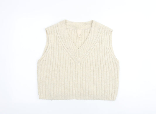 H&M Womens Beige V-Neck Acrylic Vest Jumper Size S