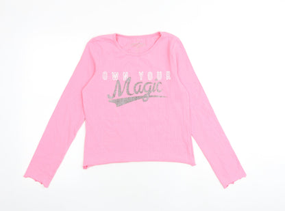 Additional front view of Marks & Spencer girls’ pink polyester basic t-shirt, size 12-13, years boat neck pullover - ribbed