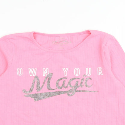Close-up detail of Marks & Spencer girls’ pink polyester basic t-shirt, size 12-13, years boat neck pullover - ribbed