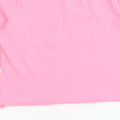 Brand and care label for Marks & Spencer girls’ pink polyester basic t-shirt, size 12-13, years boat neck pullover - ribbed