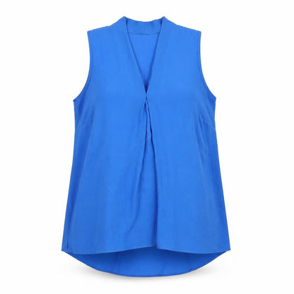 Front view of Roman women’s blue polyester basic tank, size UK 10, v-neck