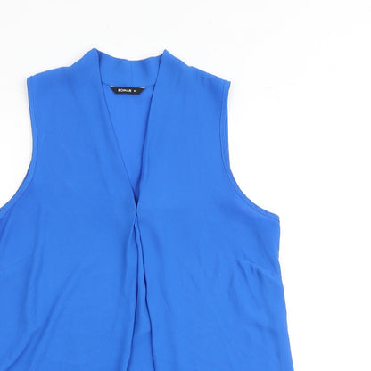 Close-up detail of Roman women’s blue polyester basic tank, size UK 10, v-neck