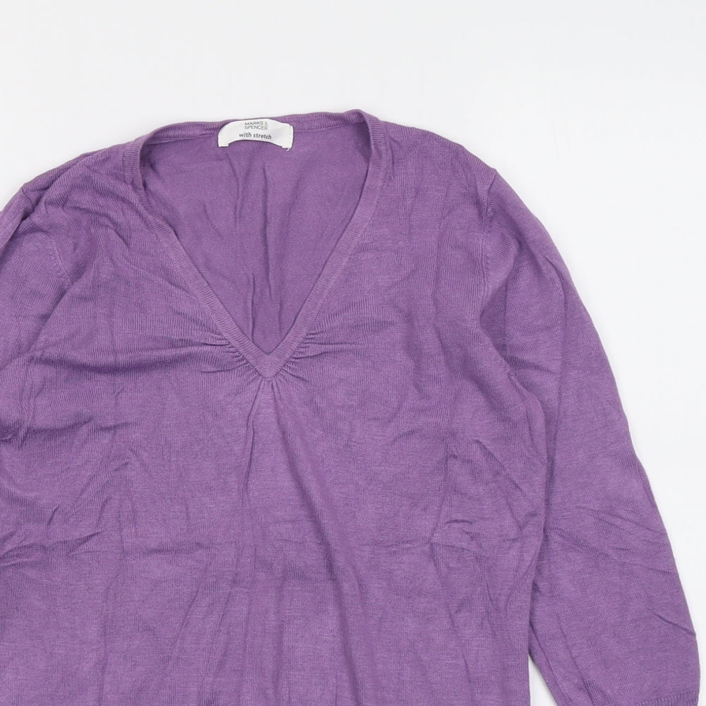 Marks and Spencer Womens Purple V-Neck Viscose Pullover Jumper Size 10