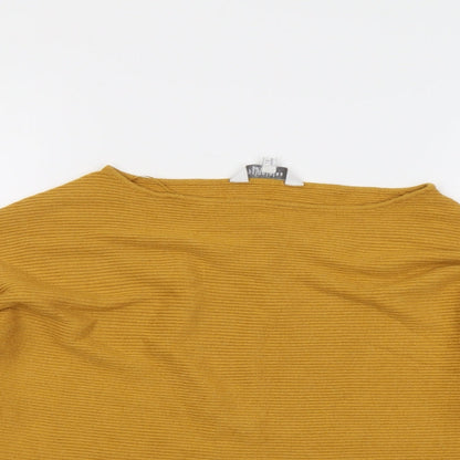 Close-up detail of Principles women’s yellow boat neck viscose jumper, size UK 12