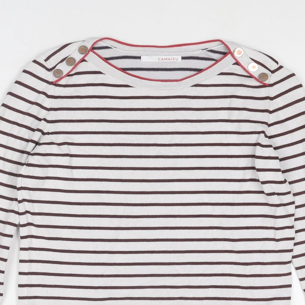 Camaïeu Womens White Round Neck Striped Viscose Pullover Jumper Size S