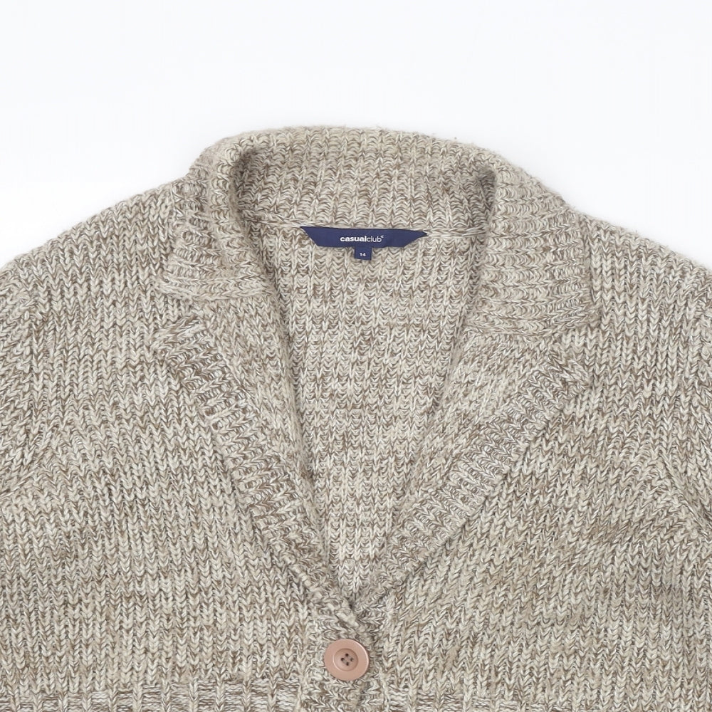 Casual Club Womens Beige Collared Acrylic Cardigan Jumper Size 14