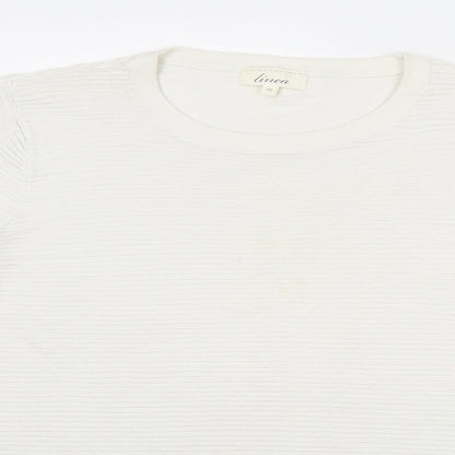 Close-up detail of Linea women’s white round neck viscose jumper, size UK 16