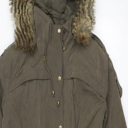 Close-up detail of ASOS women’s brown jacket, size UK 8, zip