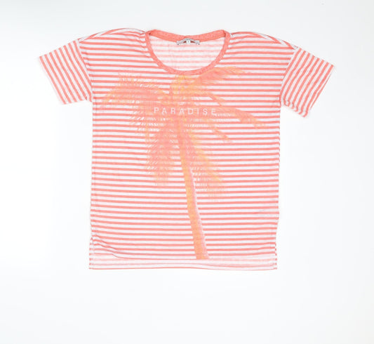 NEXT Womens Orange Striped Polyester Basic T-Shirt Size 10 Round Neck - Paradise