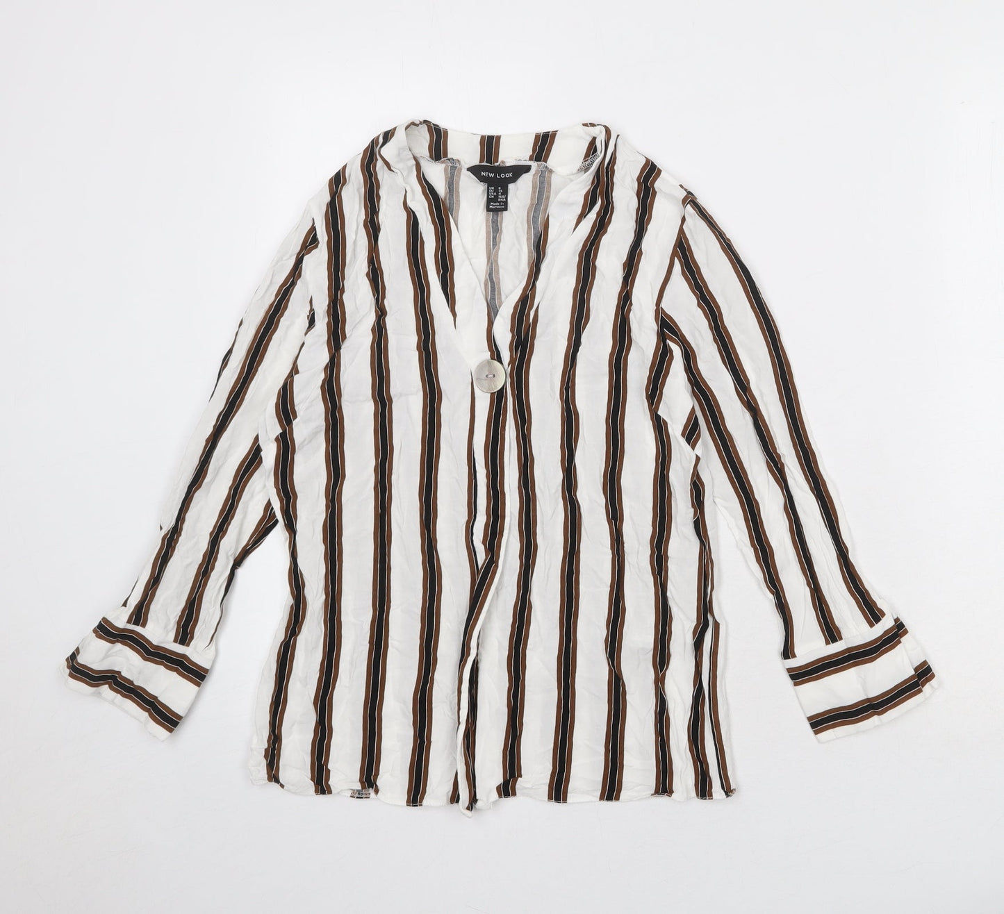 New Look Womens White Striped Viscose Basic Blouse Size 8 V-Neck