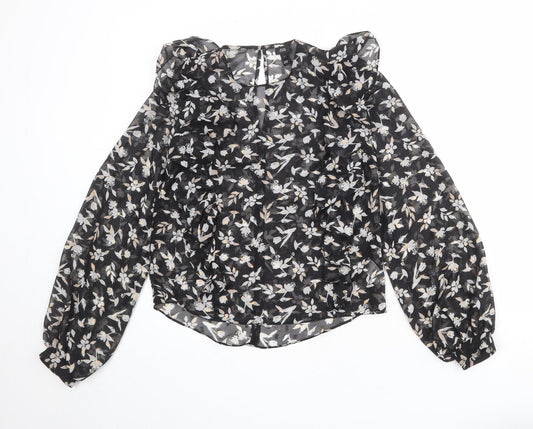 River Island Womens Black Floral Polyester Basic Blouse Size 6 Round Neck
