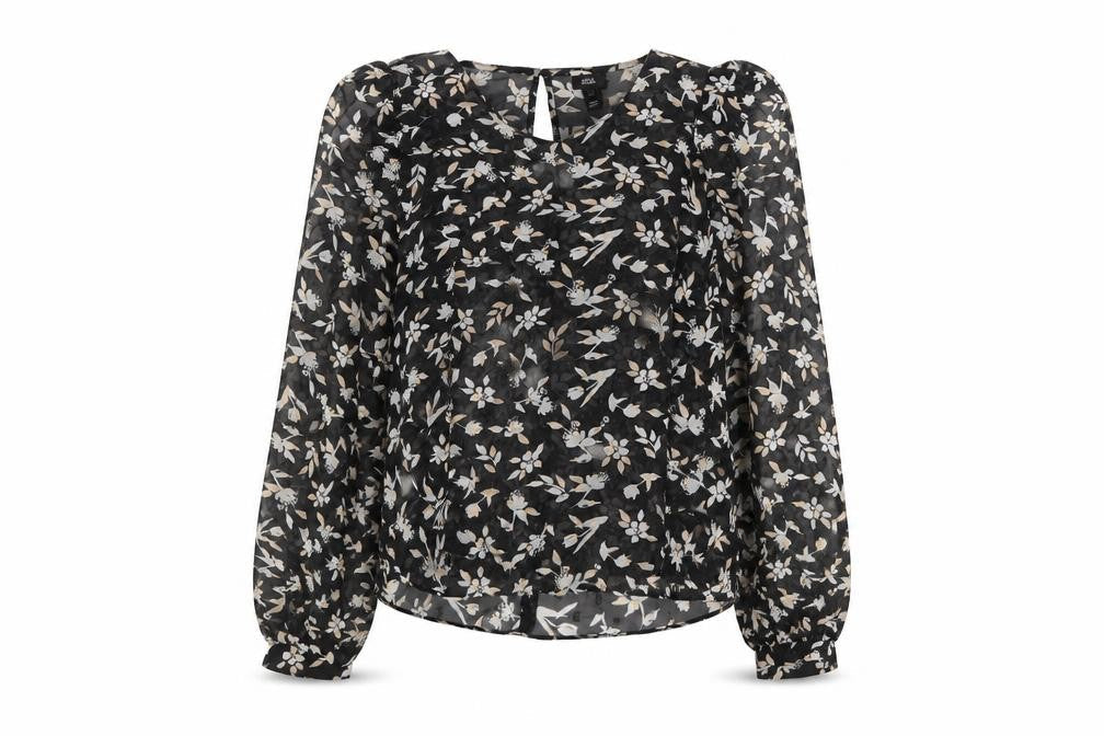 River Island Womens Black Floral Polyester Basic Blouse Size 6 Round Neck