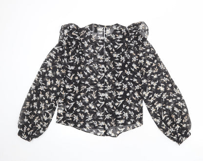 River Island Womens Black Floral Polyester Basic Blouse Size 6 Round Neck