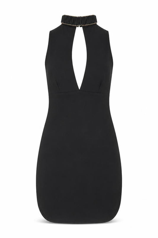 Front view of Missguided women’s black polyester mini, size UK 6, halter button