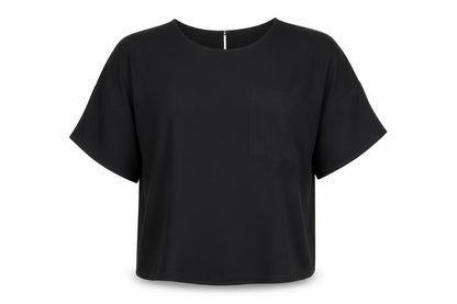 Front view of ASOS women’s black polyester basic blouse, size UK 8, round neck