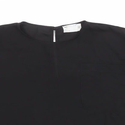 Close-up detail of ASOS women’s black polyester basic blouse, size UK 8, round neck