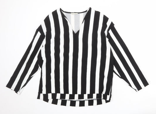 Zara Womens Black V-Neck Striped Polyester Pullover Jumper Size M