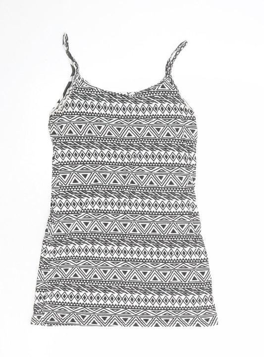 Busy Womens White Geometric Viscose Basic Tank Size S Round Neck - Size S-M