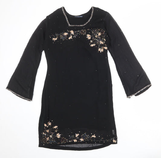 Collections Womens Black Floral Polyester Kaftan Size S Round Neck Pullover