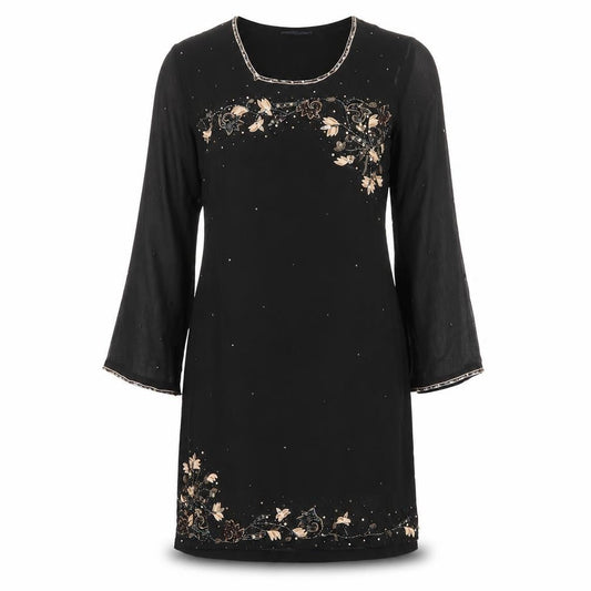 Collections Womens Black Floral Polyester Kaftan Size S Round Neck Pullover