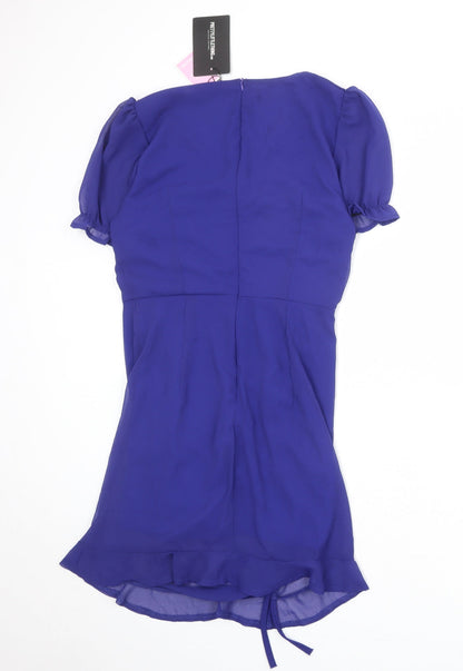 PRETTYLITTLETHING Womens Blue Herringbone Polyester Shift Size 10 V-Neck Zip