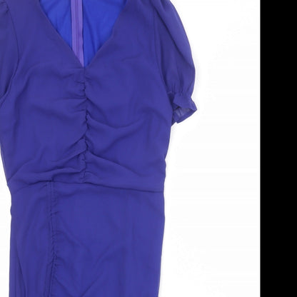 PRETTYLITTLETHING Womens Blue Herringbone Polyester Shift Size 10 V-Neck Zip