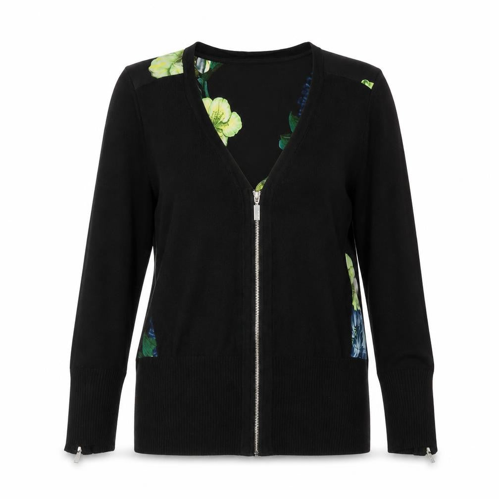 Debenhams Womens Black V-Neck Floral Viscose Full Zip Jumper Size 10