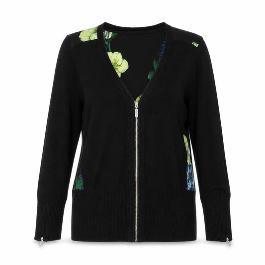 Debenhams Womens Black V-Neck Floral Viscose Full Zip Jumper Size 10