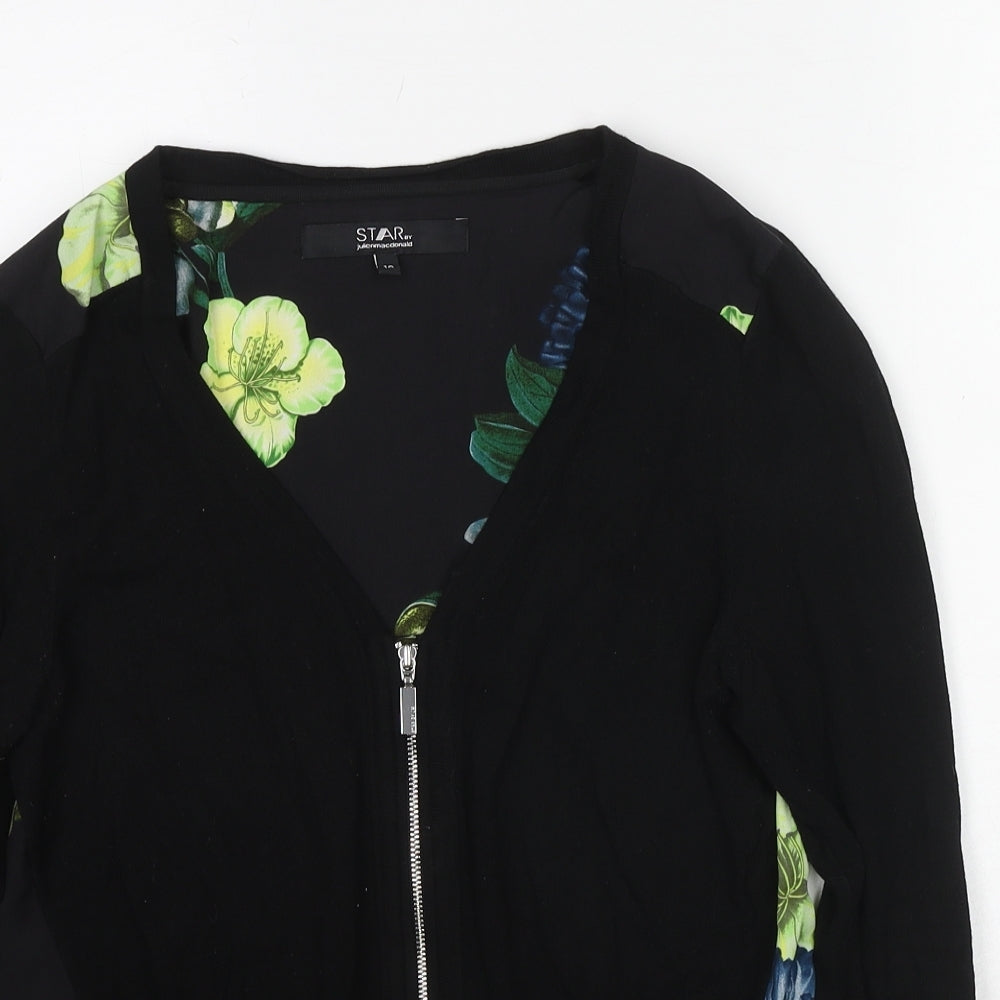 Debenhams Womens Black V-Neck Floral Viscose Full Zip Jumper Size 10