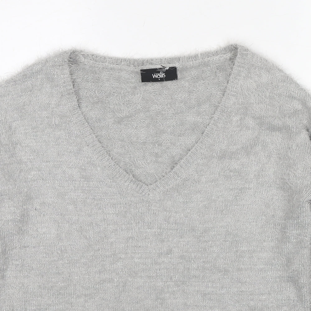 Wallis Womens Grey V-Neck Nylon Pullover Jumper Size S