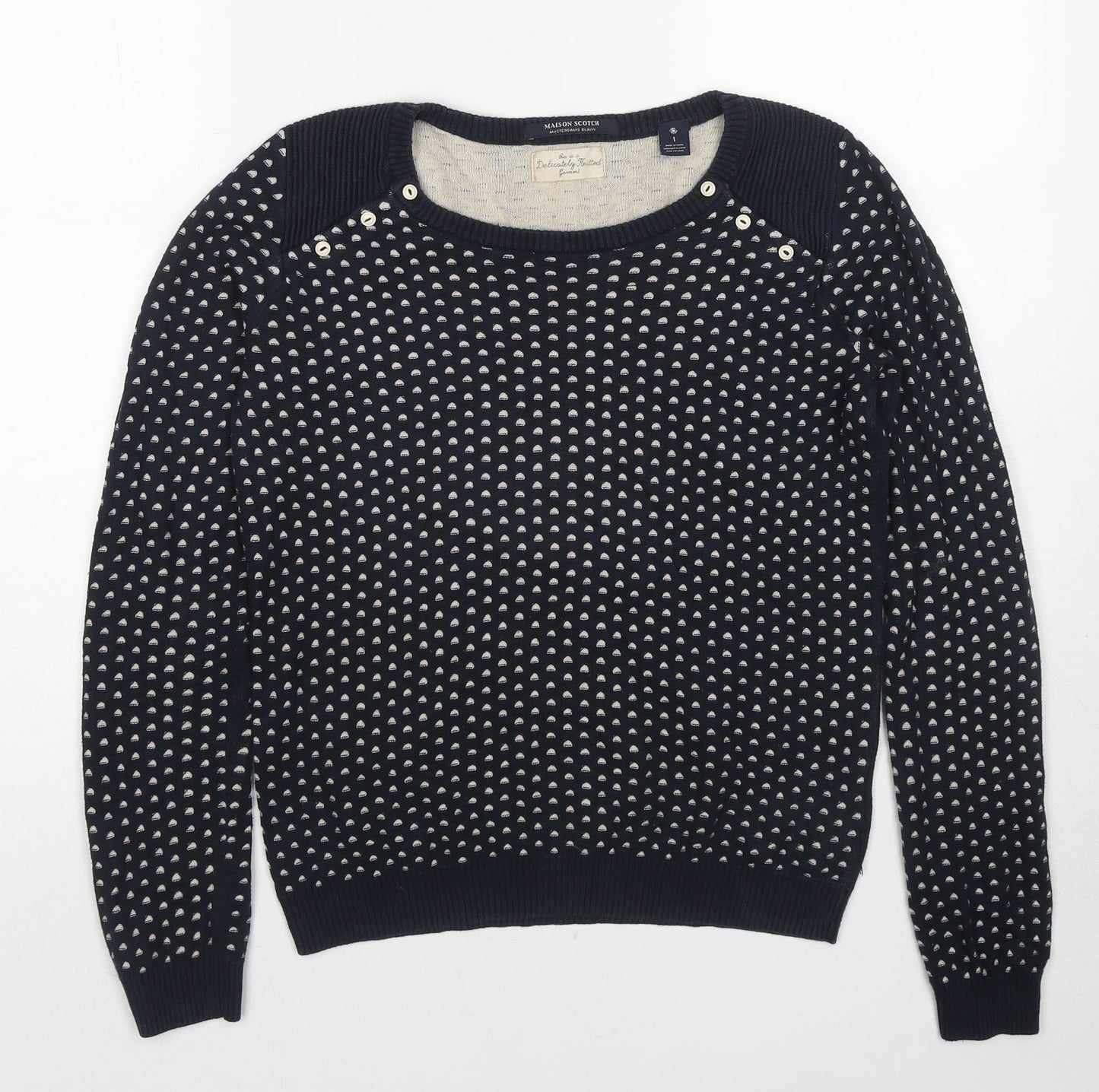 Maison Scotch Womens Black Round Neck Geometric Cotton Pullover Jumper Size S