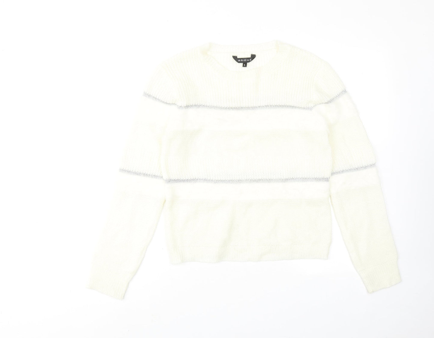 About Womens Ivory Round Neck Striped Acrylic Pullover Jumper Size S