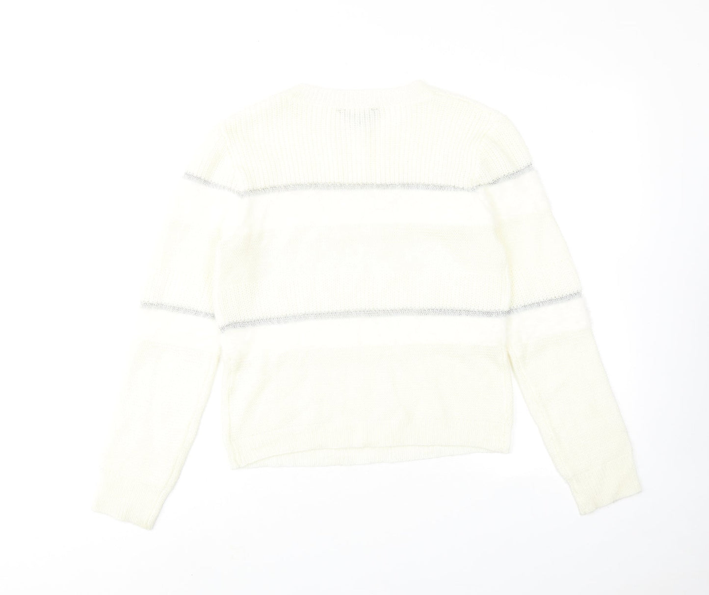 About Womens Ivory Round Neck Striped Acrylic Pullover Jumper Size S