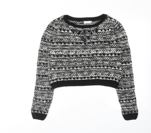BLUE VANILLA Womens Black Round Neck Geometric Acrylic Pullover Jumper Size M