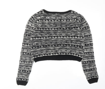 Blue Vanilla Womens Black Round Neck Geometric Acrylic Pullover Jumper Size M