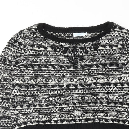 Blue Vanilla Womens Black Round Neck Geometric Acrylic Pullover Jumper Size M